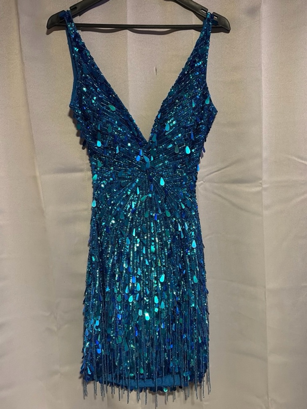 Jovani Blue Teal Sequin V-Neck Mini Dress
